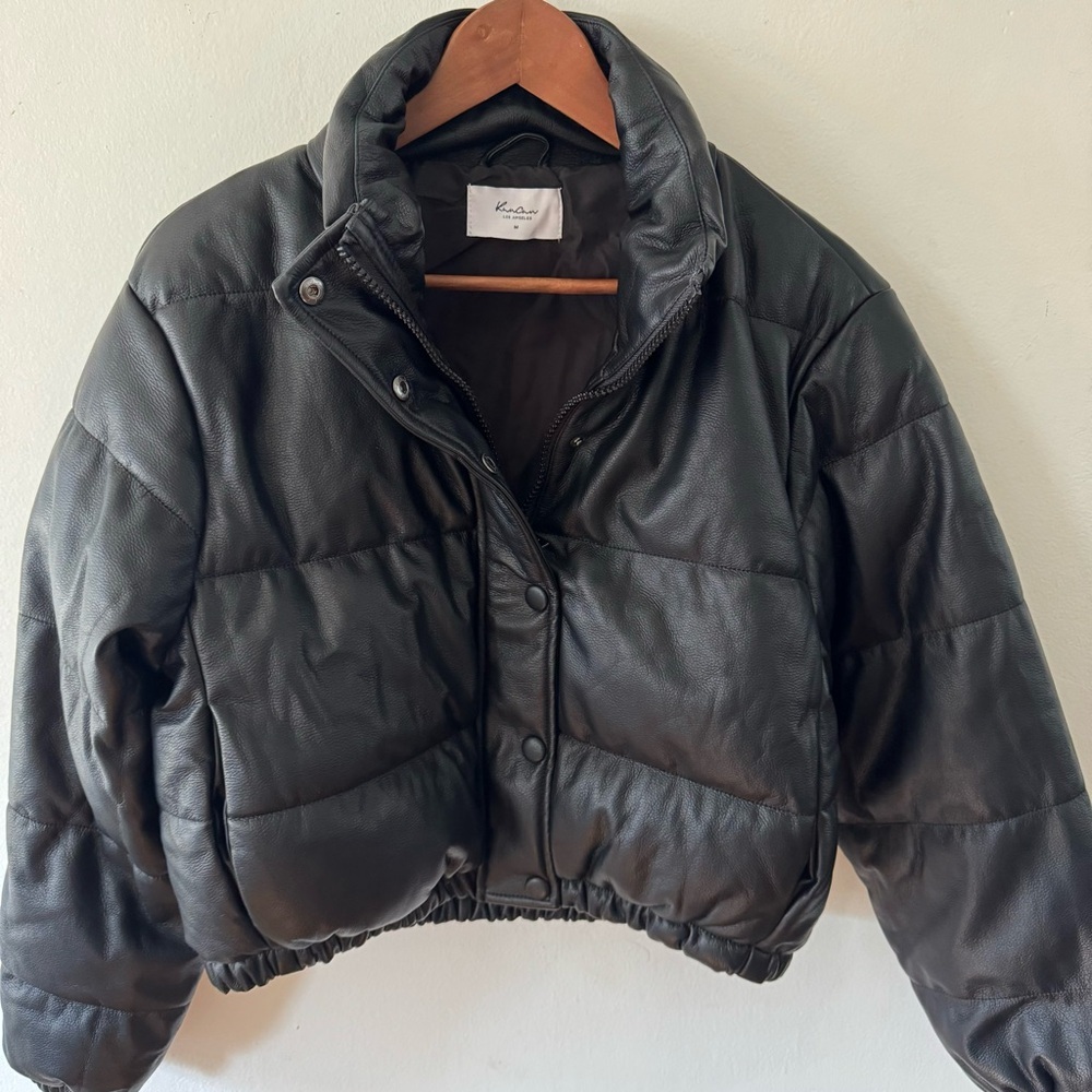 Kenneth Cole Faux Leather Cropped Puffy Jacket, M